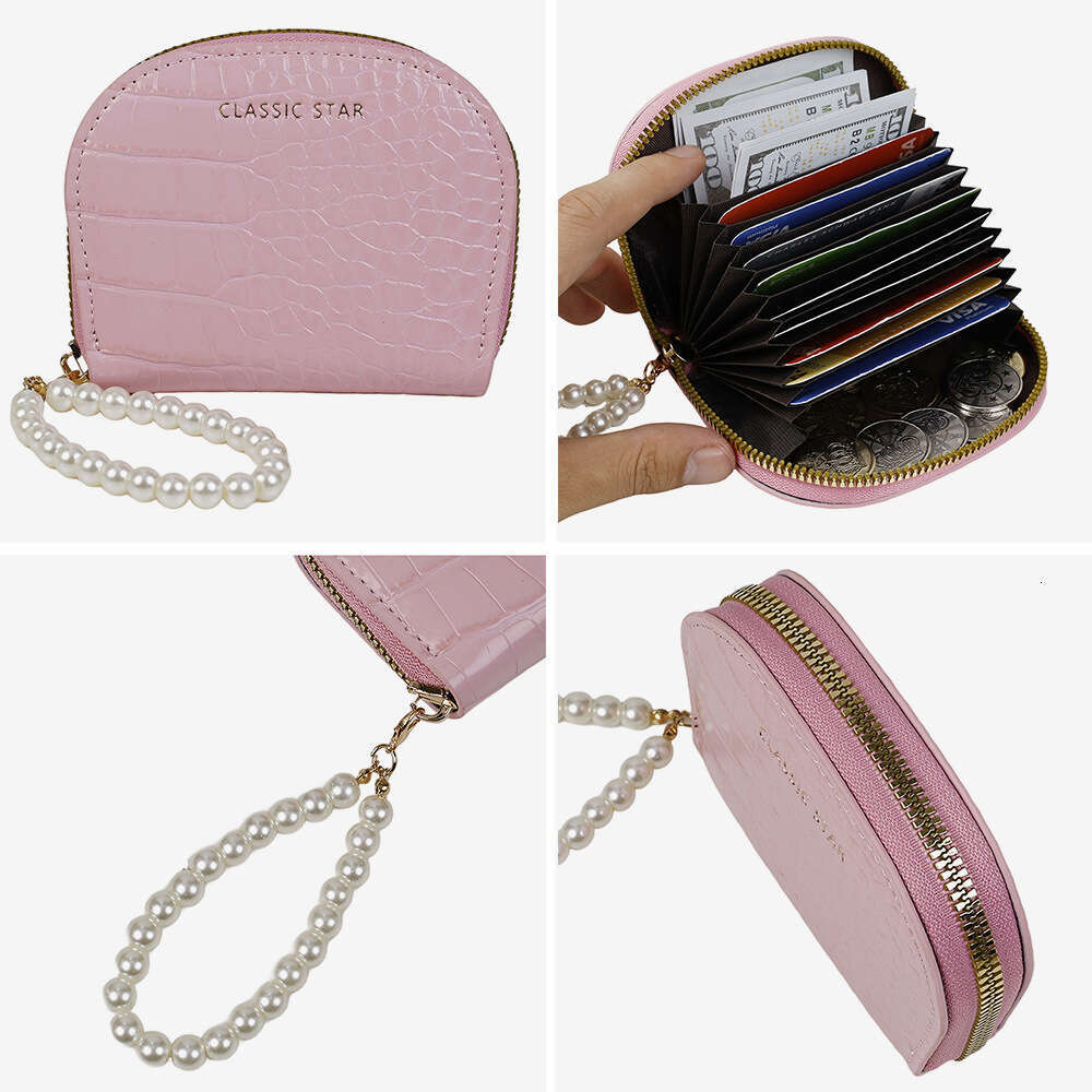 New Pearl Bracelet Crocodile Pattern Half-Round Accordion Card Holder Large Capacity Exquisite Shiny Leather Coin Purse Wallet