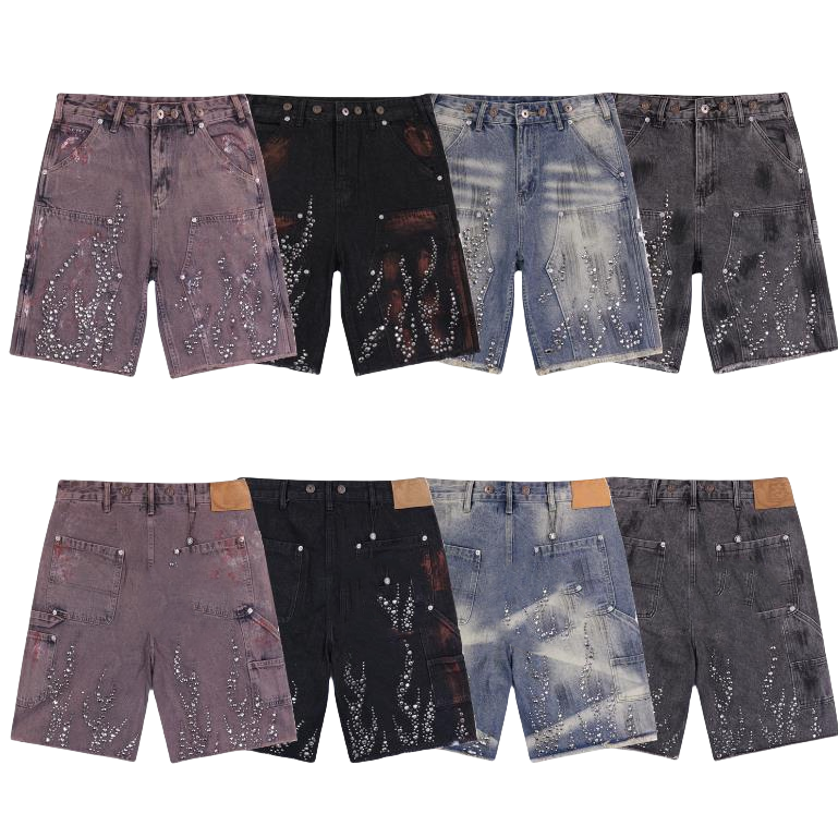 Men's Shorts Y2K Retro Black Denim Shorts Men Women Harajuku Fashion Rhinestone Rivet Loose Short Pants Gothic Fashion Raw Edge Washed Shorts
