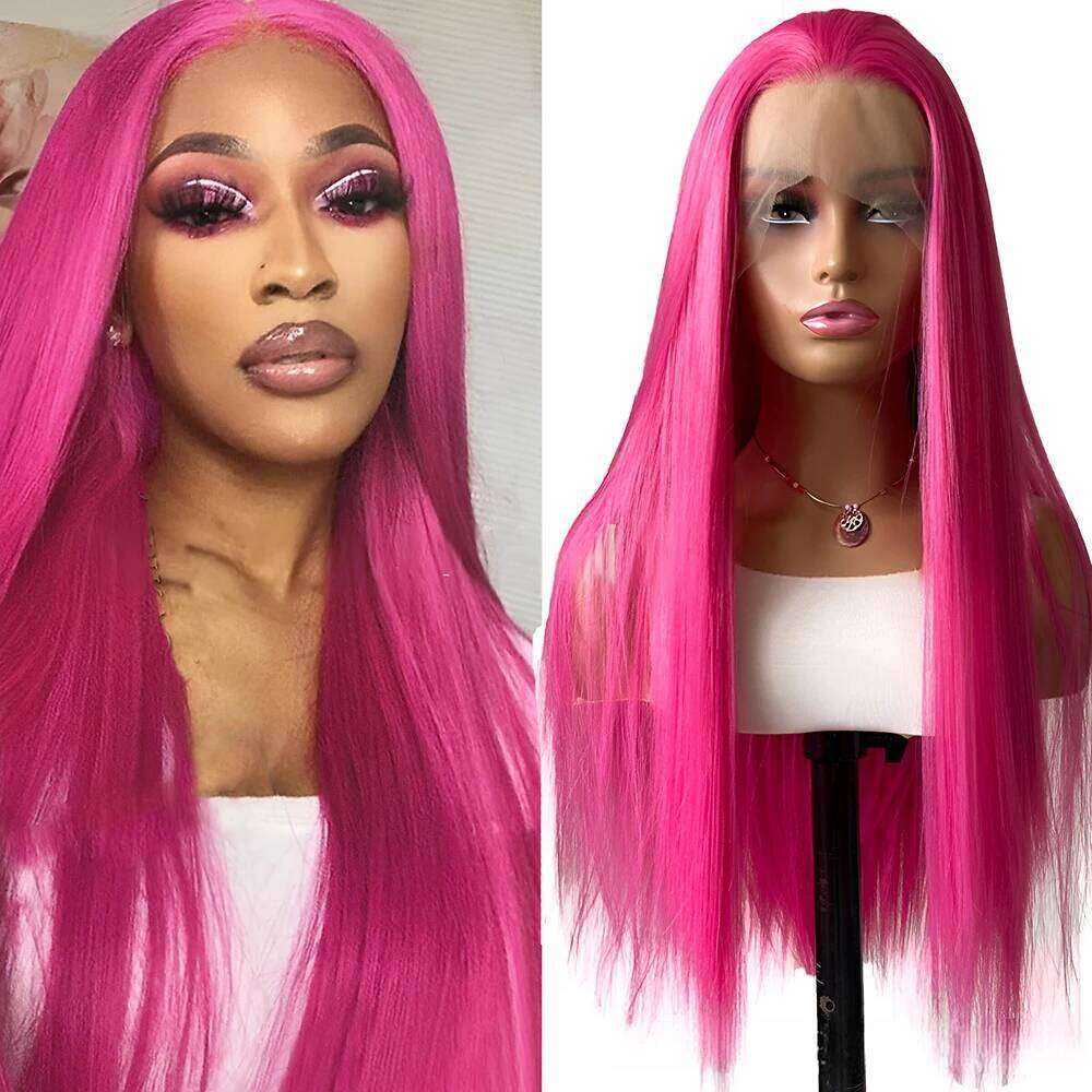 Rose Straight Synthetic Lace Glueless Wigs For Women Natural Hairline Daily Wear Long Pink Wig Cosplay Part Front Hair