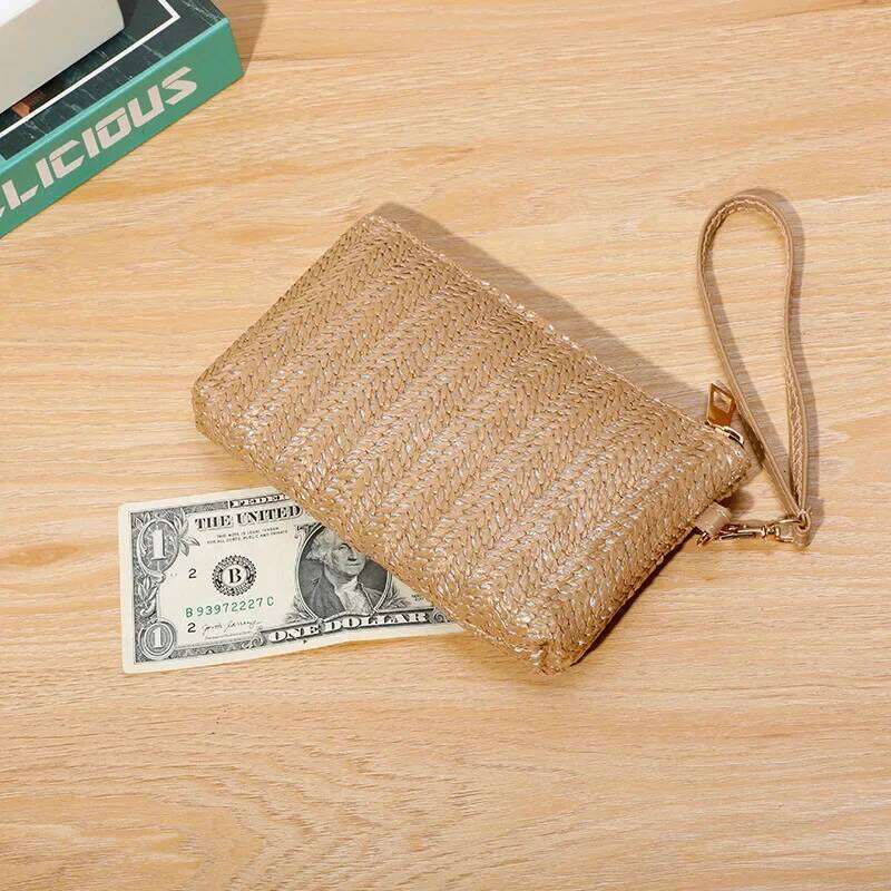 Women's Fashion Long Wallet Simple Straw Bag Coin Money Card Holder Organizer Purse Handbag Large Capacity Mobile Phone Pouch