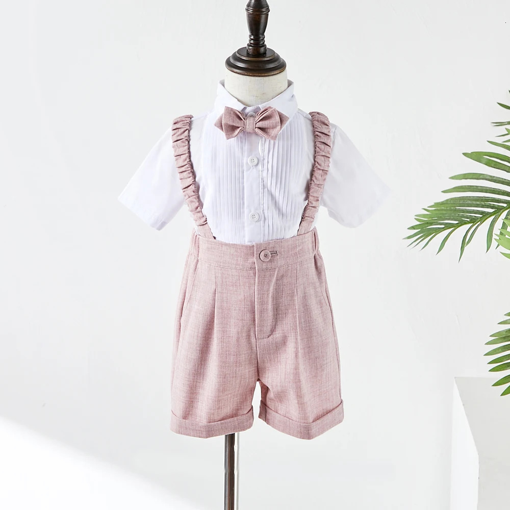 Pink Boys Suit For Weddings Birthday Little Boy Gentleman Outfit Formal Suits Children Coat Strap Shorts Bow Tie Clothes Set 250530