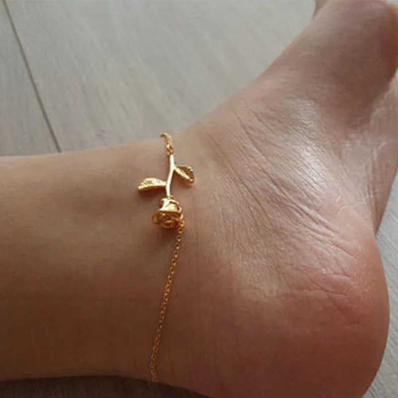 Trendy Summer Simple Silver Color Rose Flower Chain Anklet Bohemian Vintage Footwear Leg Bracelets 2021 Female Foot Jewelry W250604