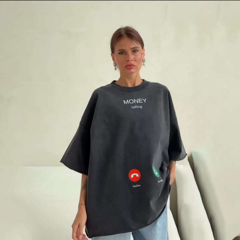 Boyfriend Style Oversized Drop Shoulder Round Neck Pullover Top Casual Versatile Simple Ins Print Short Sleeve T-Shirt Women's Clothing B5