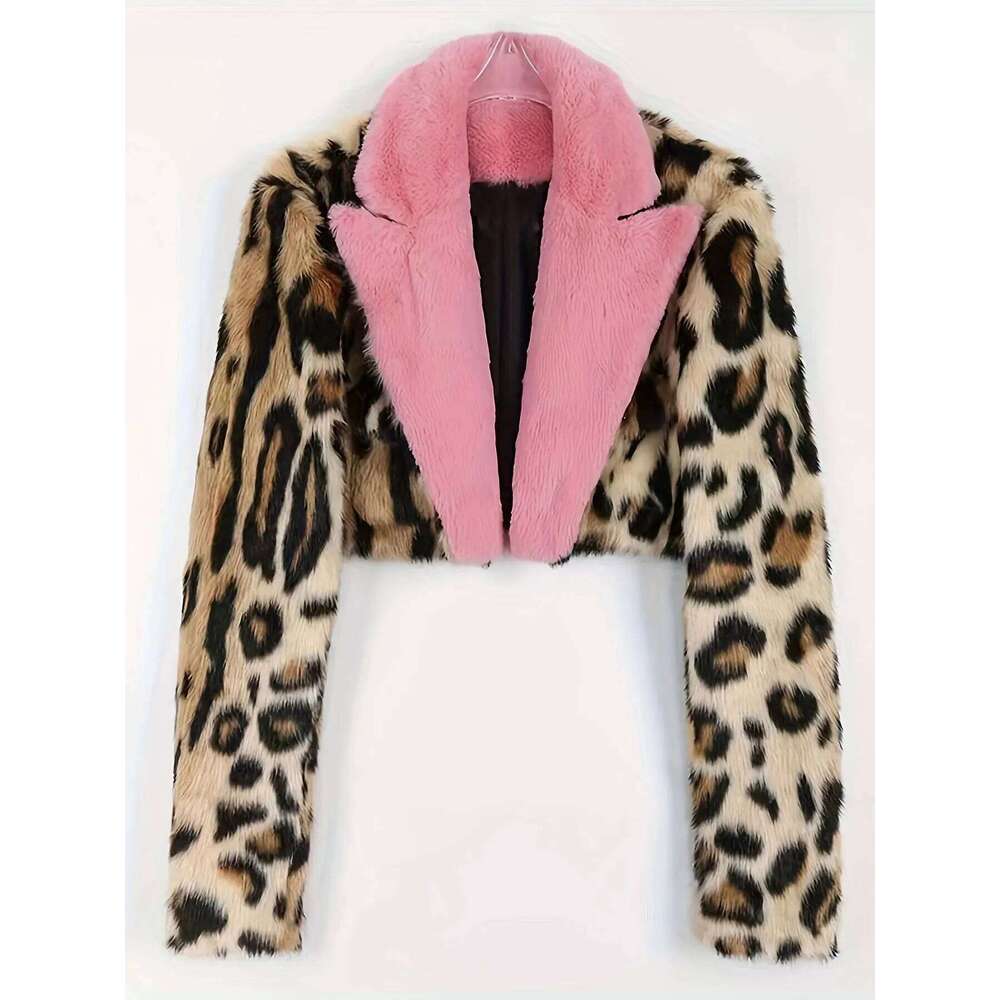 Women's Elegant Directional Faux Fur Leopard Print Coat - Autumn/Winter Wear, Fashionable Outerwear, Feel Fabric