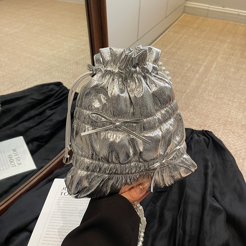 designer Trendy Fashion Bowknot Pleated Large Capacity Bucket Bag 2025 New Beaded Bright Color Travel Shoulder Crossbody Bag