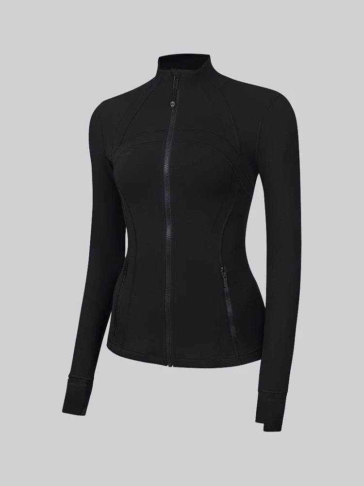 Yoga jacket, women's long sleeved sports jacket, stand up collar, tight fitting, elastic, with zipper, sandblasting, fitness clothes