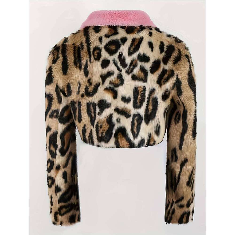 Women's Elegant Directional Faux Fur Leopard Print Coat - Autumn/Winter Wear, Fashionable Outerwear, Feel Fabric