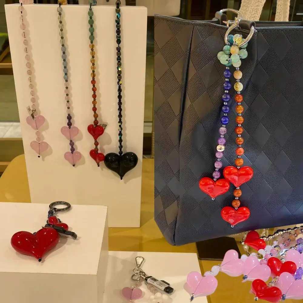 Fashion Key Chain With Red Heart Y2k Style Bag Pendant Sweet Cool Trendy Bag Pendant Korean Cute Beaded Keychain Bag Charms New W250604