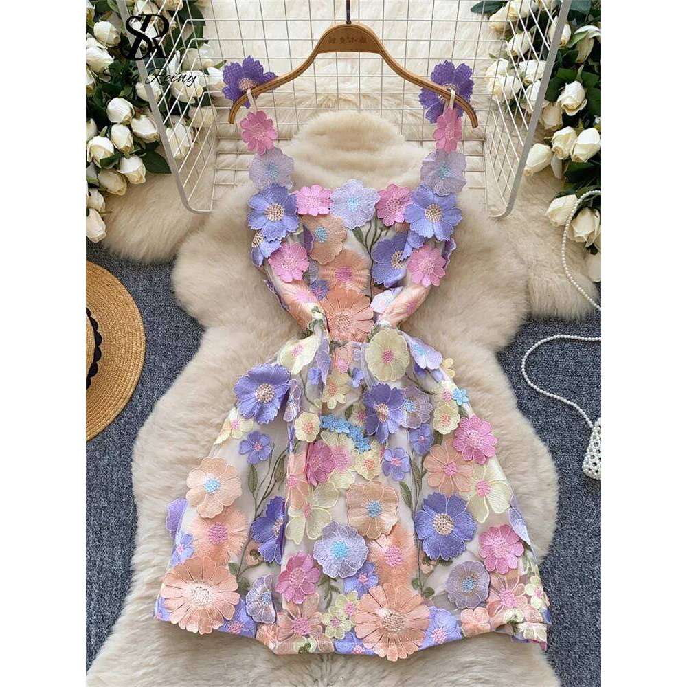 Chic Embroidery Strap Women Sleeveless Zipper 3D Floral Design Summer High Street A Line Short Evening Dress