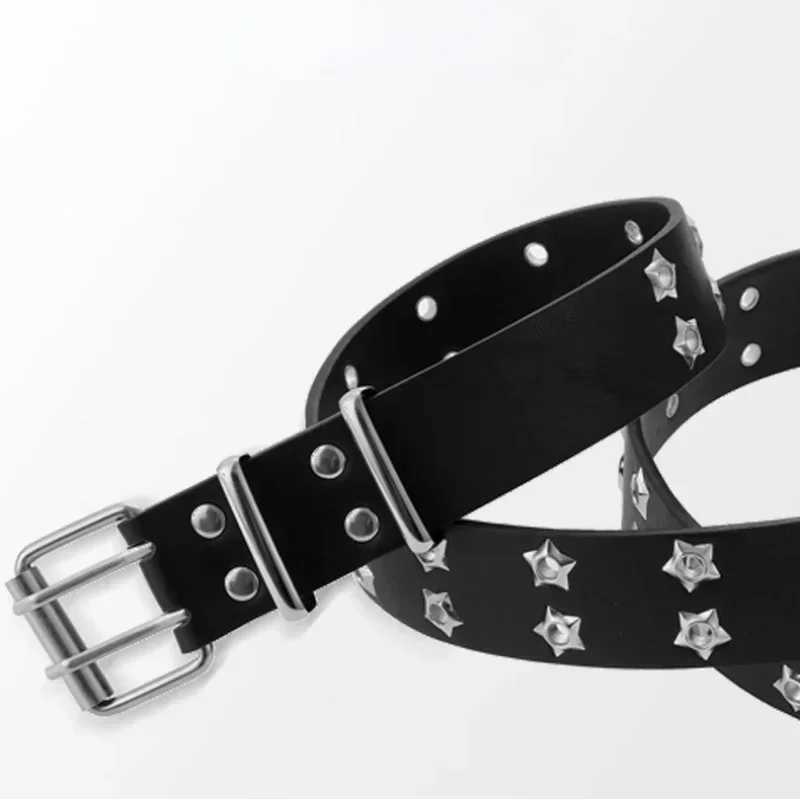 1 PC Star Eye Rivet Belt Goth Style Double Pin Buckle Men Women Fashion Casual Punk Style PU Leather Waistband for Jeans Young W250604