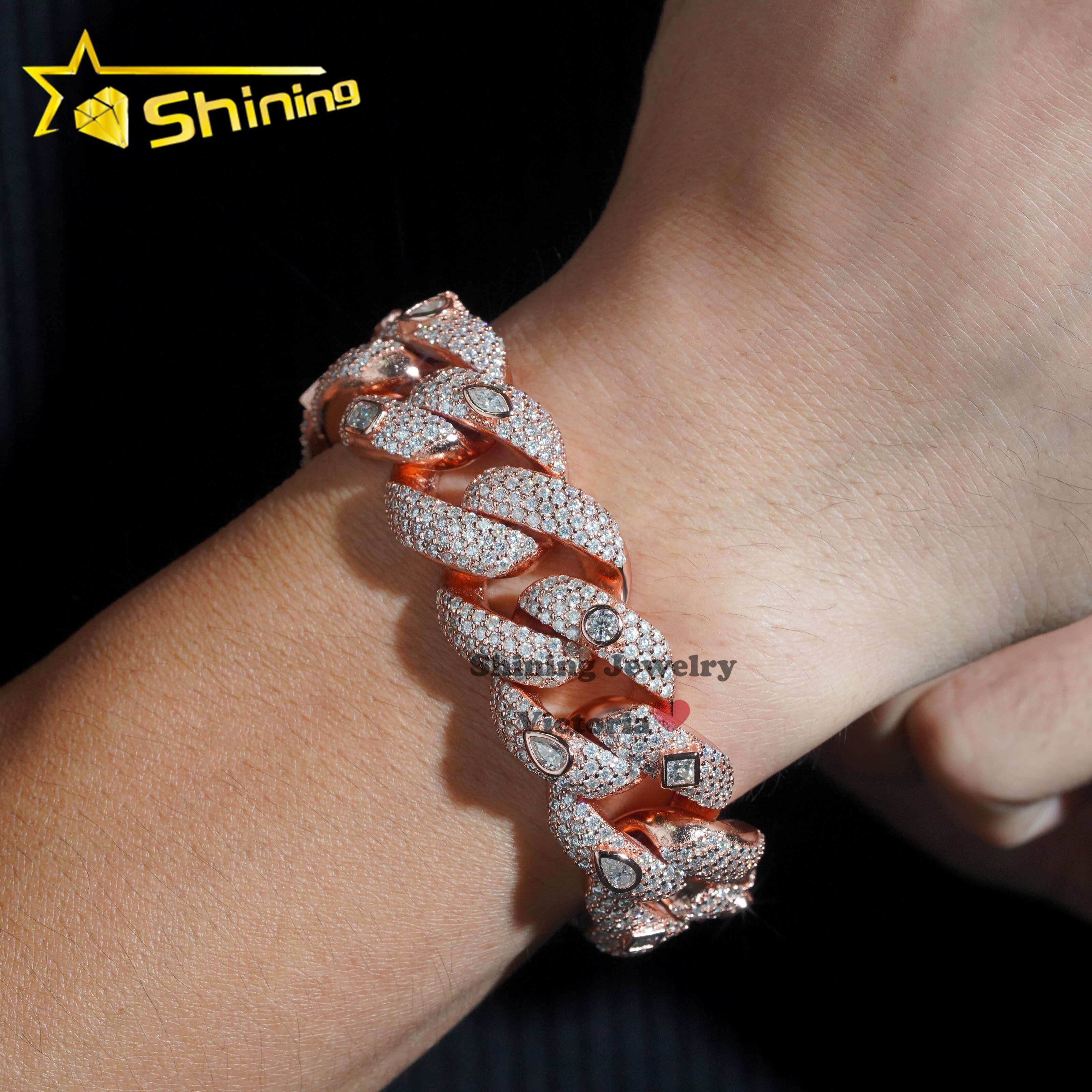 Pass Diamond Tester New Design Fine Jewelry 20MM Rose Gold Plated Moissanite Diamond Cuban Link Bracelet With Fancy Cut Stones