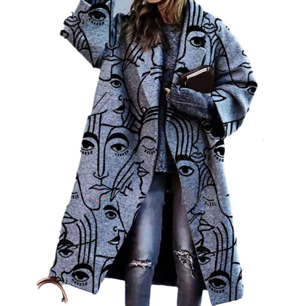 Autumn Women's Fashion Multiple Color Block Plaid Long Sleeve Turn-Down Collar Printed Dragon And Phoenix Woolen Coat B5