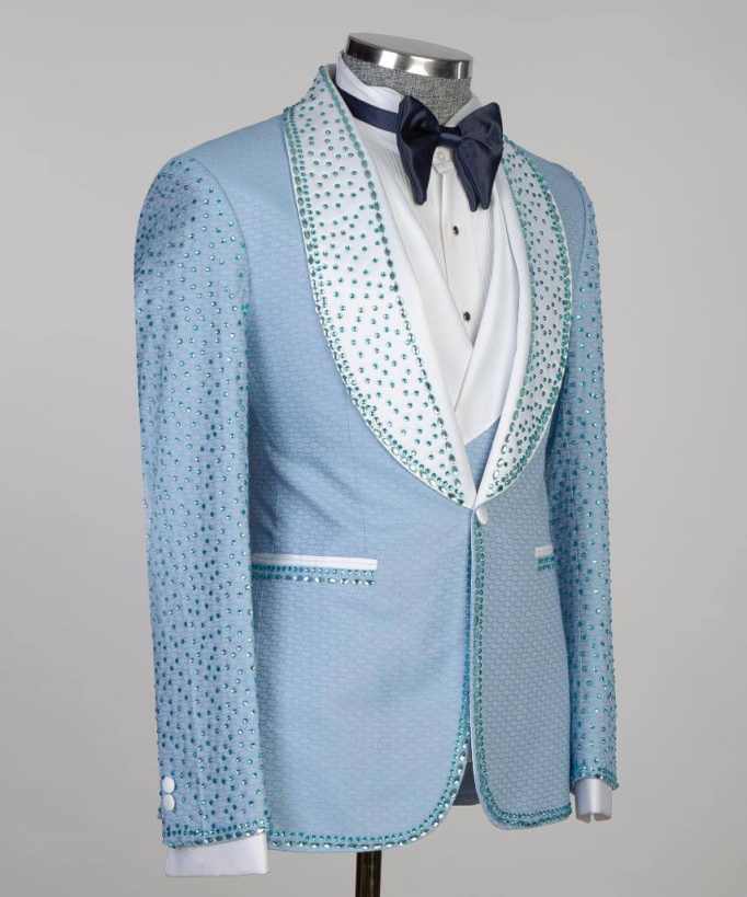 Customized Beaded Wedding Tuxedos Crystal 2 Piece Set Jacket One Button Luxury Men Suit Shawl Lapel Groom Wear Party Suits Customized Para Hombre Form