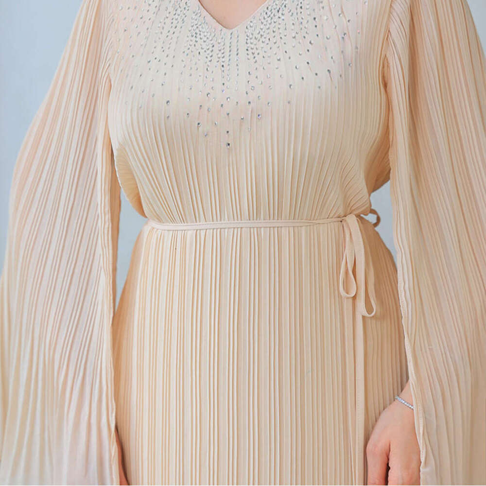 Because0393 Slimming Pleated Women's Dubai Arabic Robe With Rhinestones Evening Dress B5