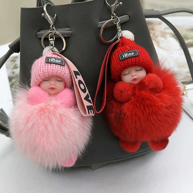 Pompom Sleeping Baby Keychain Cute Fluffy Plush Doll Keychains Women Girl Bags Keyrings Cars Key Ring Gift Charming Decoration W250604