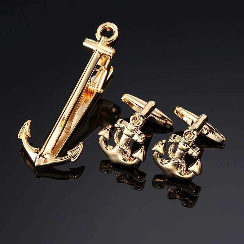 Classic Mens French Shirt Cufflinks Tie Clip Set High-Quality Shining Ship Anchor Clip Cuff Buttons Suit Accessories Jewelry W250604