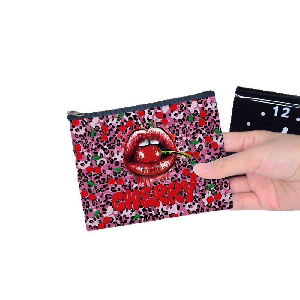 Cherry Leopard Print Purse Portable Key Storage Coin Change Card Holder Ins Small Square Bag
