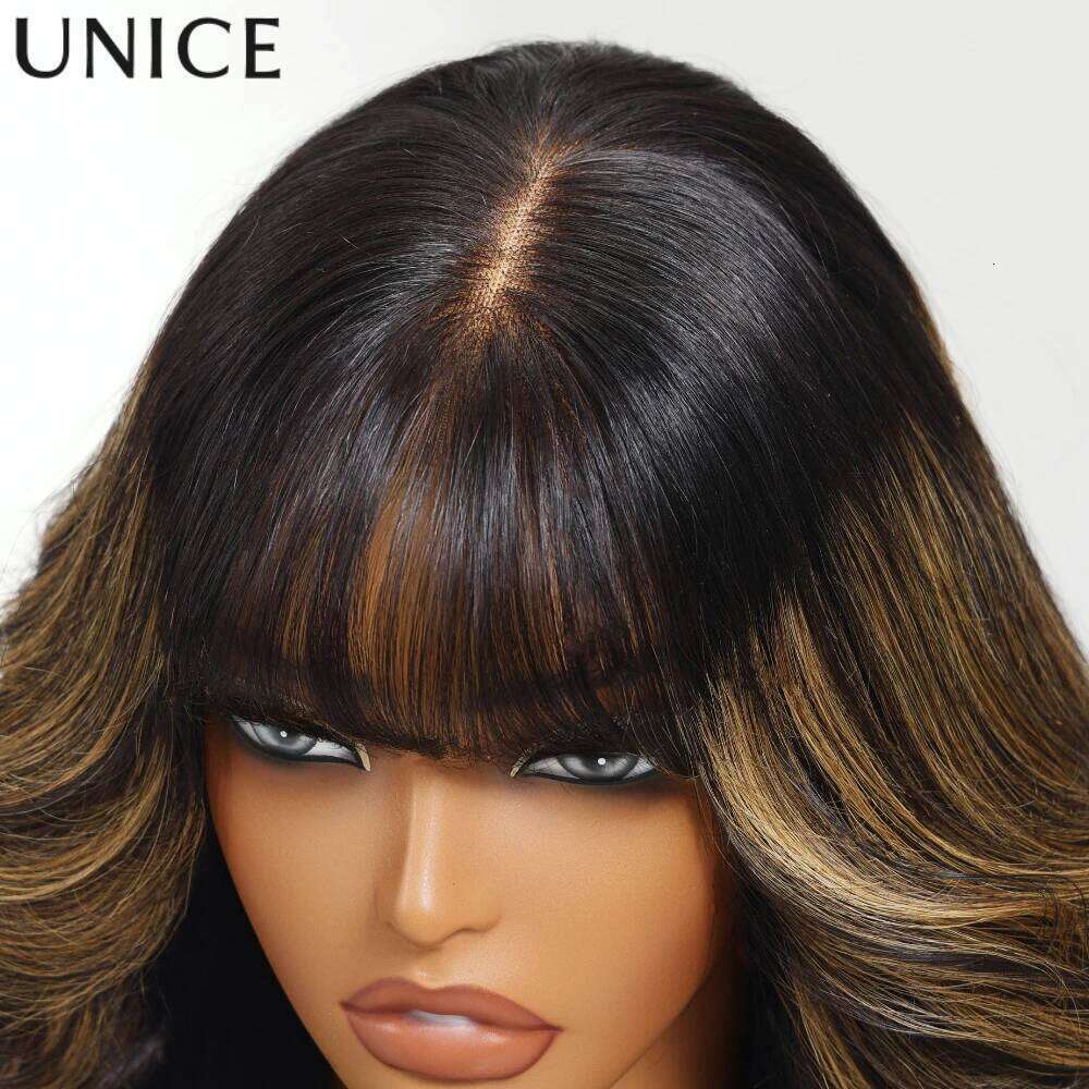 UNice Balayage Highlights Fluffy Loose Wave Curtain Bangs With Drawstring Glueless 7x5 13x4 Human Hair Lace Frontal Wig