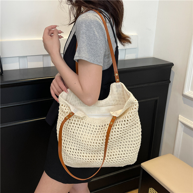 designer New Large Capacity Lazy Style Woven Bag for Women Versatile Literary Shoulder Bag Beach Bag Cotton Rope Commuter Tote Bag
