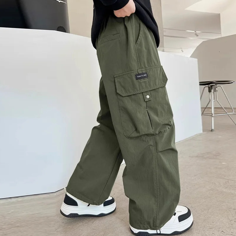 Boys Cargo Pants Children Spring Casual Trousers Children Autumn Straight Loose Pants Teenager Solid Color Wide-leg Clothing 250528