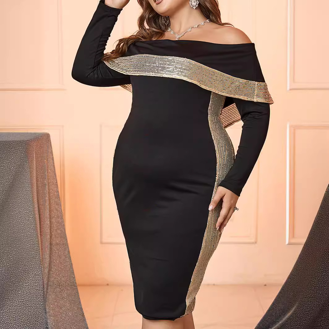 New womens spring and summer one shoulder long sleeved sequined slim fit sexy plus size slim fit dress