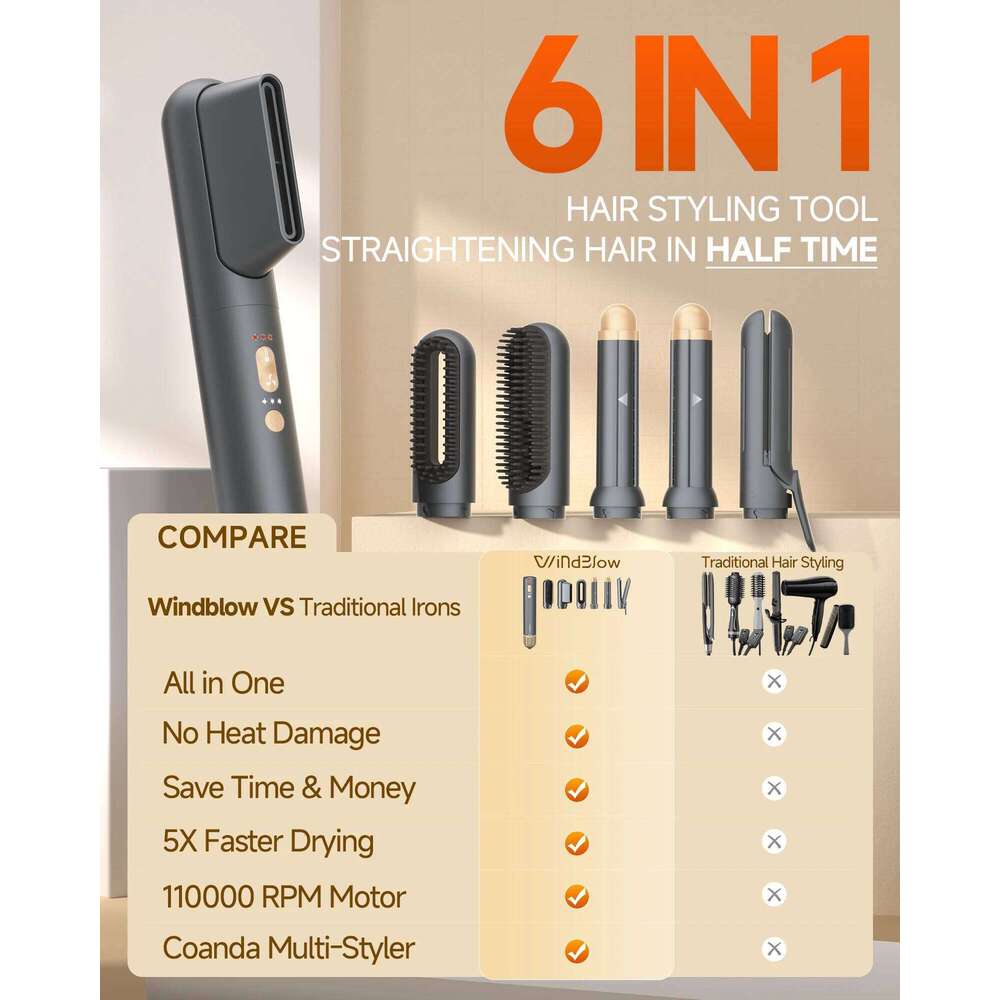Hair Brush 6 In 1 Air Styling&Drying Multi-Styler With Auto-Wrap Curlers,High-Speed Frizz-Free Blow Dryer