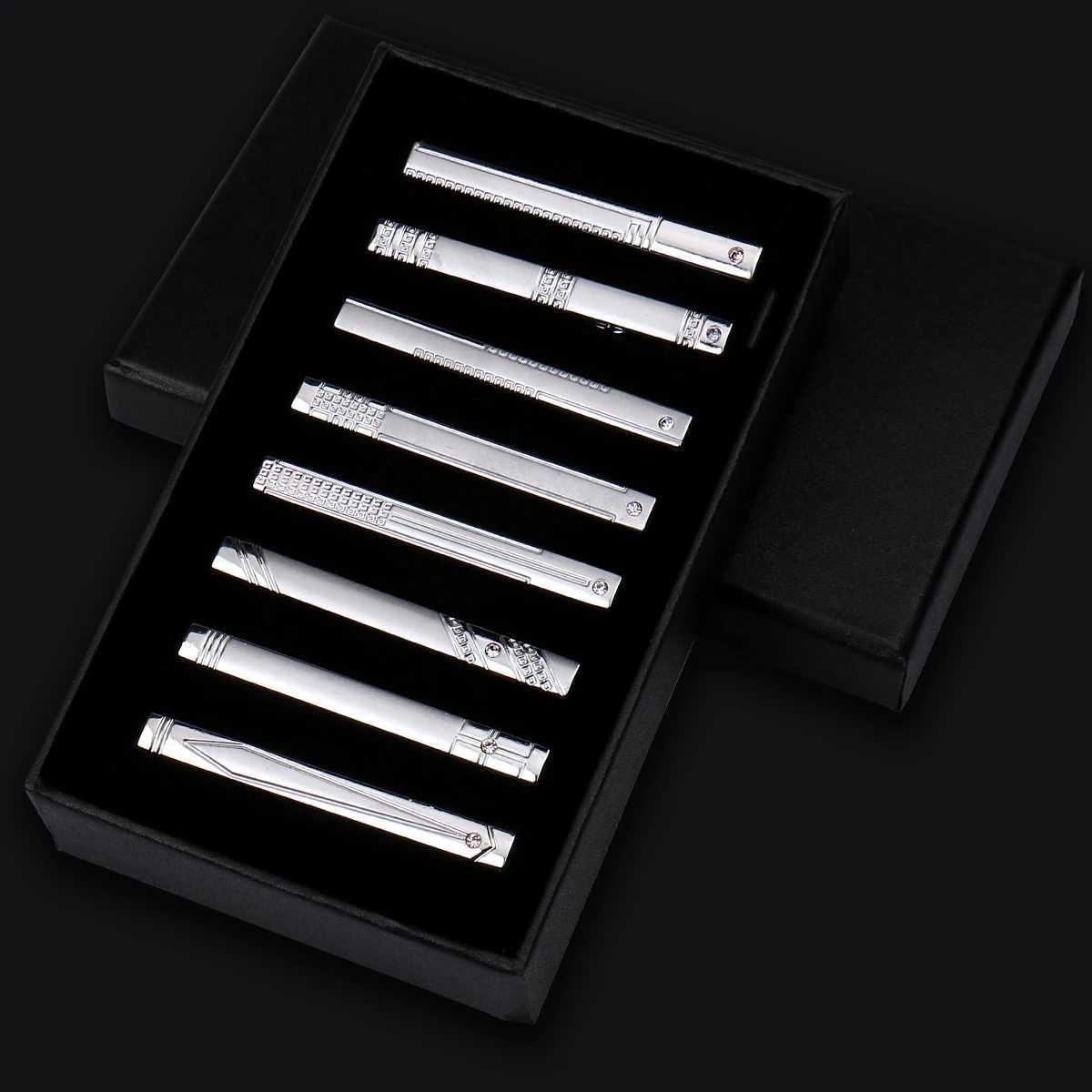 8pcs Tie Clips Metal Diamond With Box For Men Wedding Mens Necktie Clips Set Chrome Stainless Steel Jewelry Gentleman Ties Pin W250604