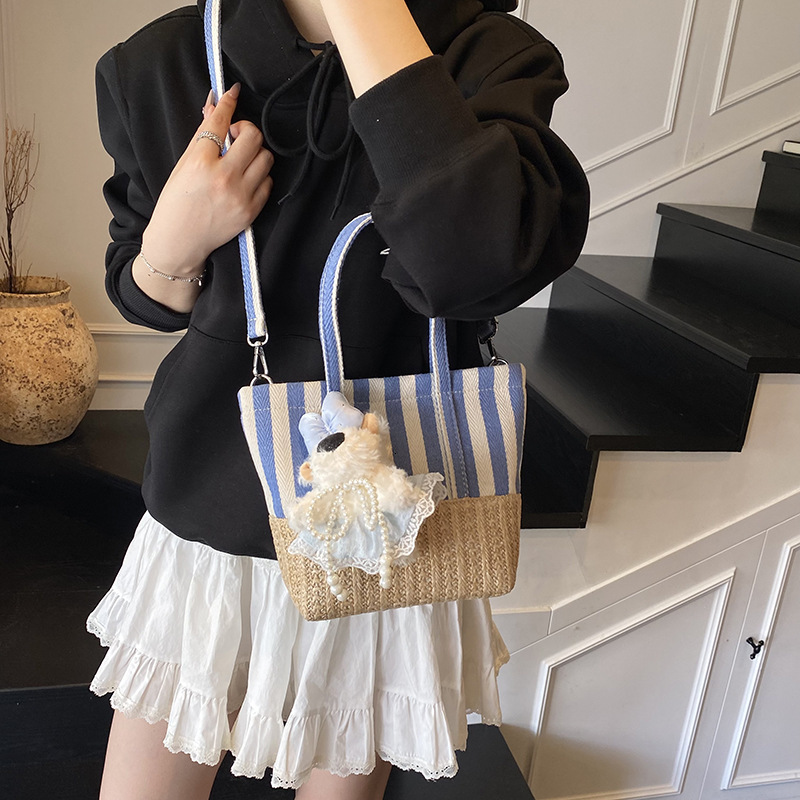 designer Canvas Patchwork Straw Woven Handbag for Women 2025 New Trend Striped Beach Bag Underarm Shoulder Bag Casual Tote Bag