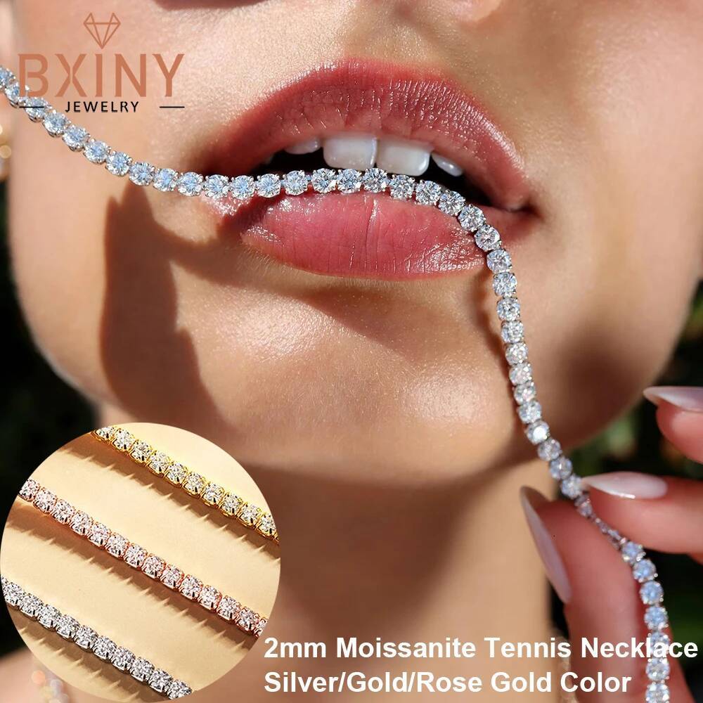 BXINY 2mm Moissanite Tennis Choker Necklace Sterling Sier for Women Adjustable Neck Chain Fine Jewelry Gifts GRA Certified