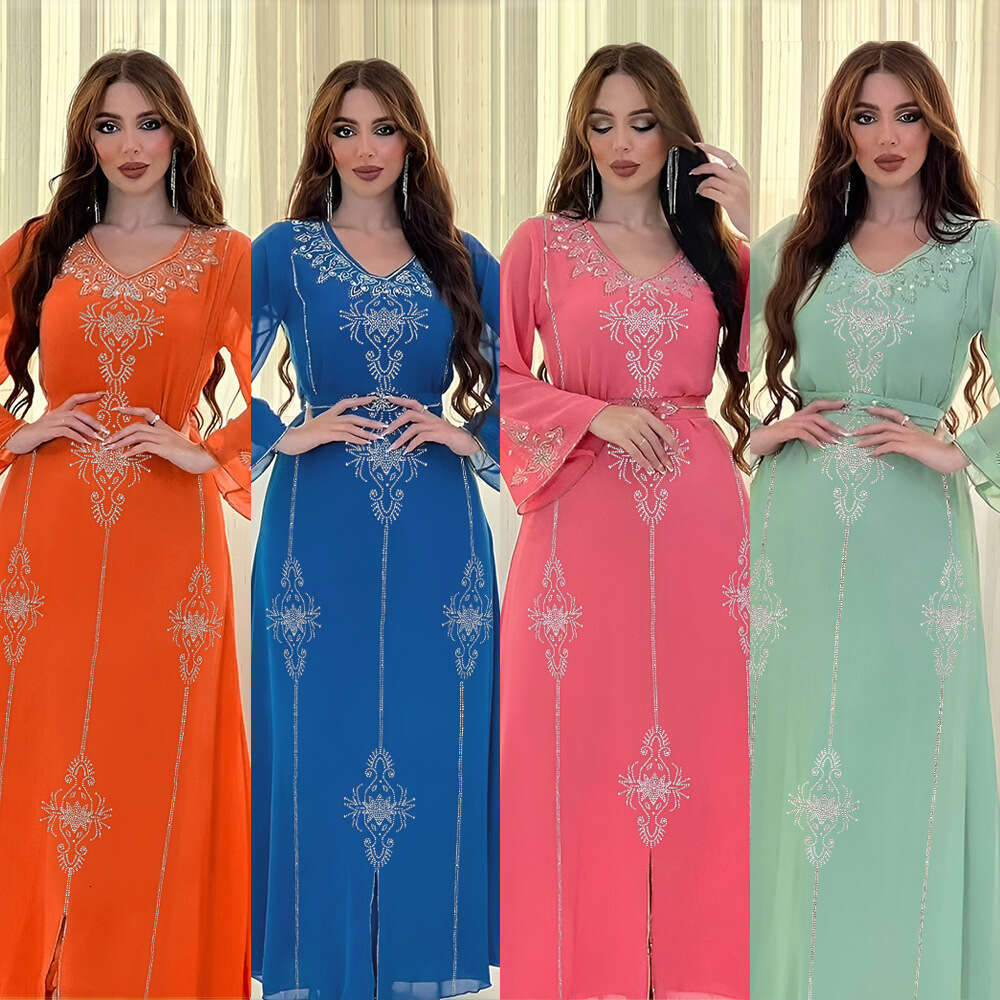 Because0176 Saudi Arabia Dubai Fashion Rhinestone Dress Summer Chiffon Robe Women's Clothing B5