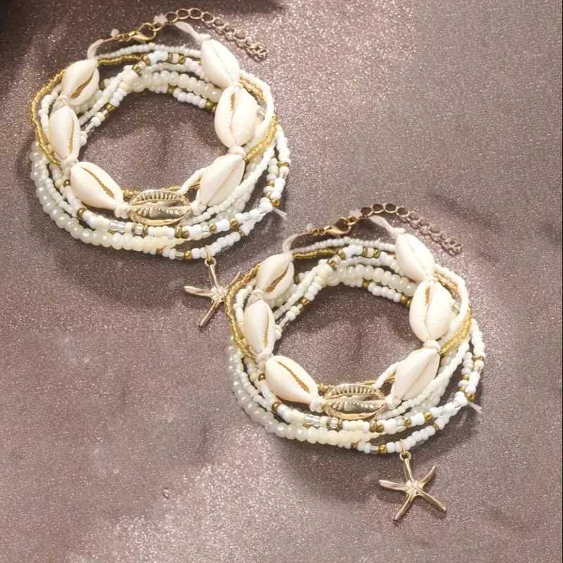 7/14pcs Bohemian Beaded Anklet Set for Women Summer Starfish Shell Charms Multi-Layer Beach Foot Bracelets Daily Wear Jewelry W250604