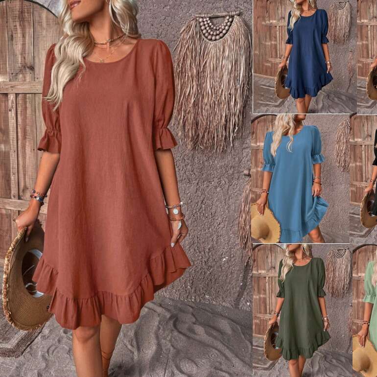 Spring Summer Women's Cotton Linen Mid-Sleeve Round Neck Solid Color Loose Fit Dress B5