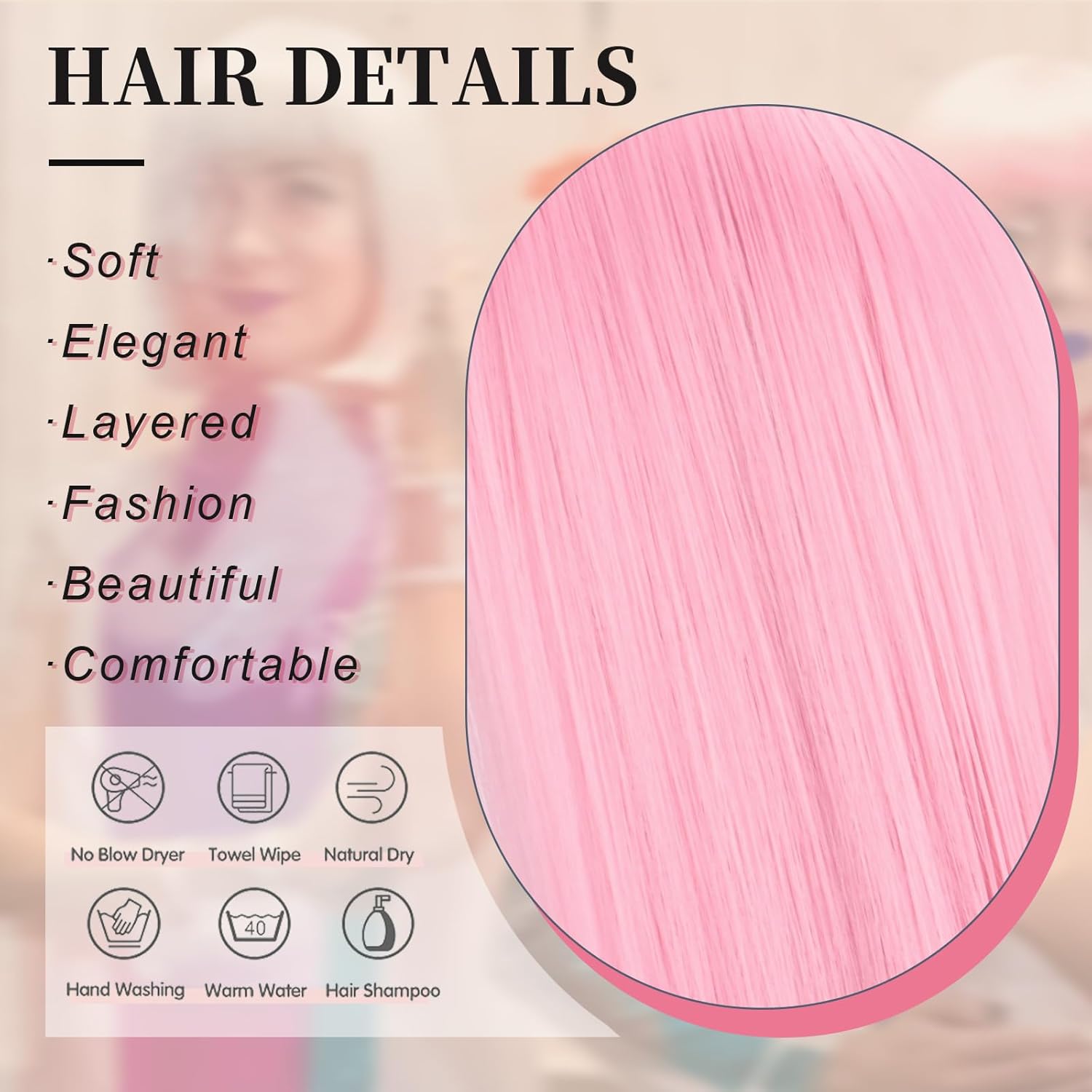 Pink Bob Wig With Bangs - Short Straight human hair wig, 12Inch Heat Resistant Synthetic Hair, Natura Looking For Daily Party Use
