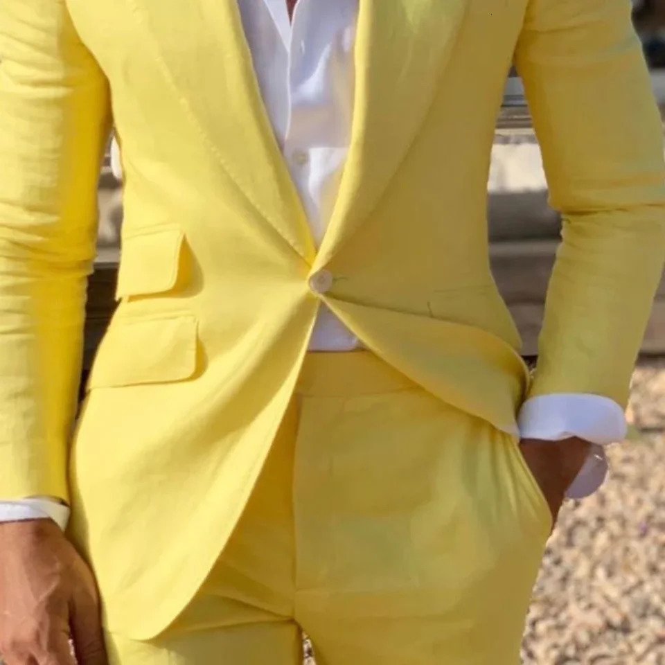 2024 Yellow Linen Beach Men Suits Slim Fit 2 Piece Wedding Groom Tuxedo ed Lapel Male Fashion Costume Blazer With Pants 250604Z
