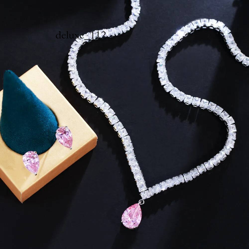 Ins Choucong Top Sell Wedding Sets Jewelry White Gold Fill Water Drop Pink 5A Cubic Zircon Gorgeous Party Women Stud Earring Tennis Necklace