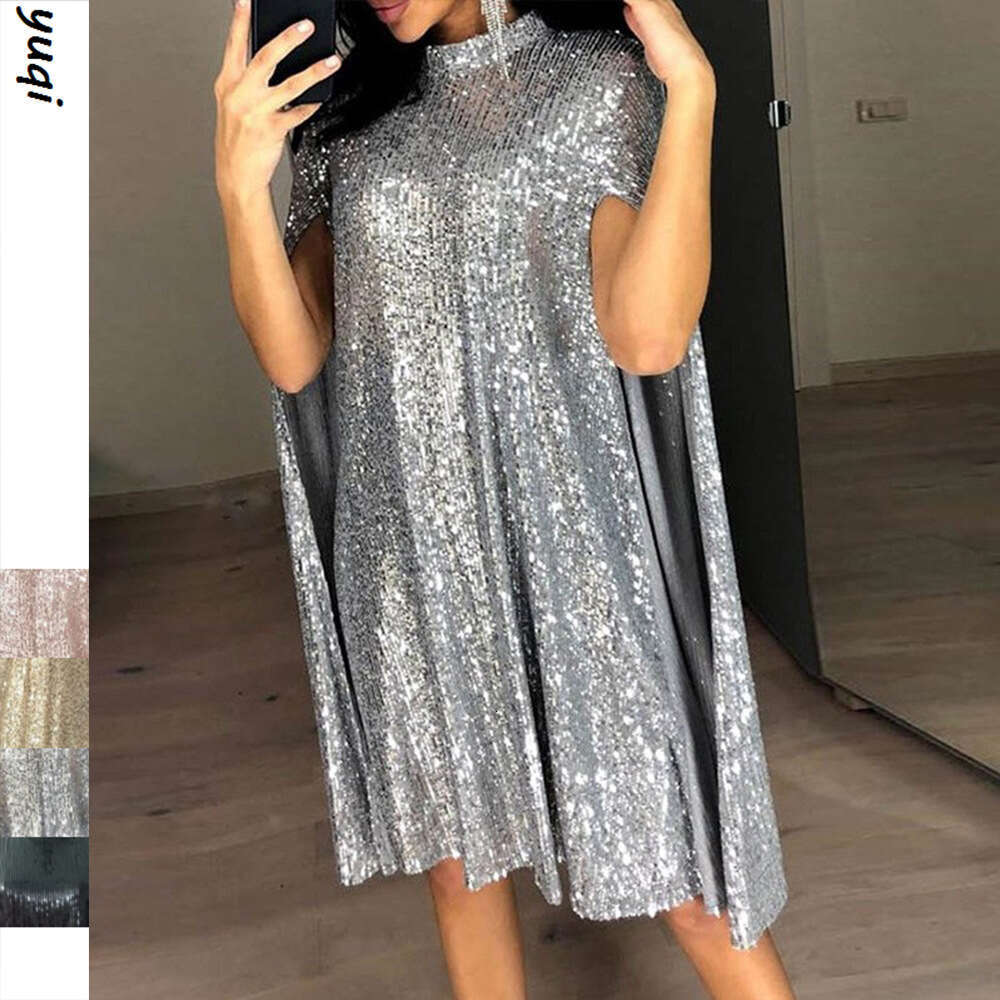 Spring New Style Small Stand Collar Sequin Dress Loose Women's Fashion B5