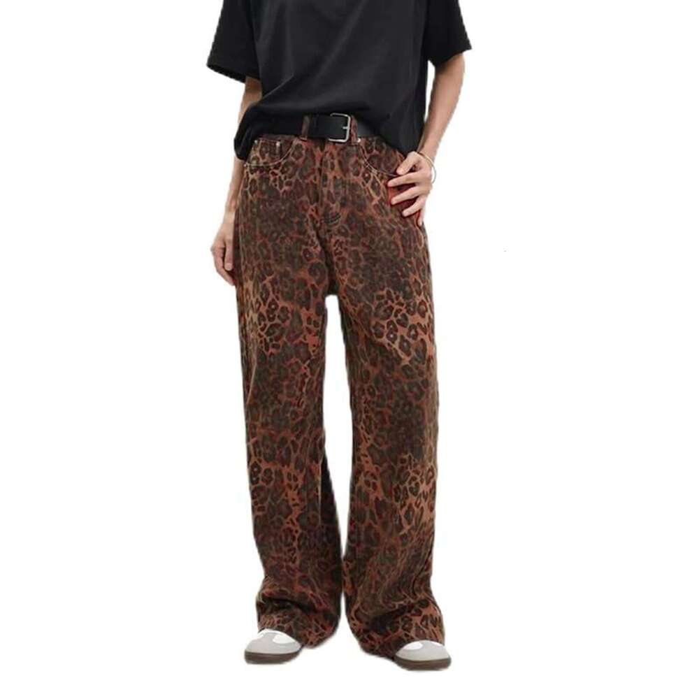 American Style Leopard Print Jeans Slimming Straight Loose Casual Wide Leg Pants B5