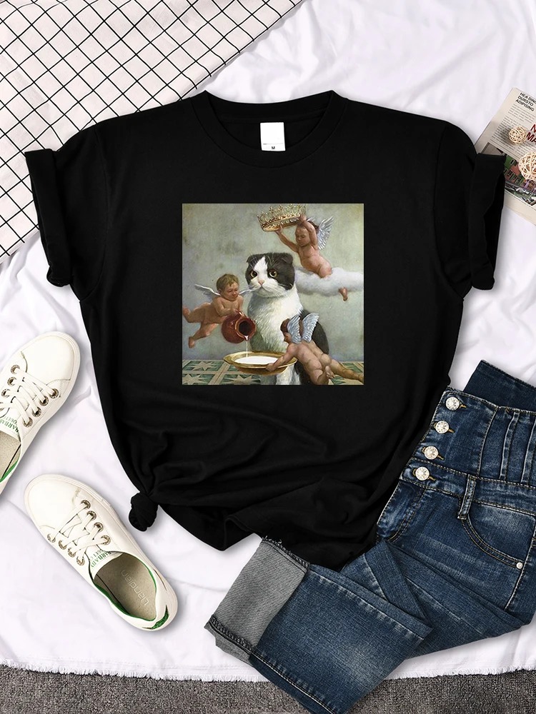 Mona Lisa T Shirts Funny Cat Lovely Cute Printed Designer T-Shirt For Women'S Crewneck Gothic Women Tshirt Casual Oversize Tee Shirts