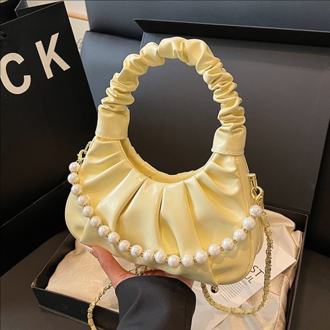 designer 2025 New Pleated Beaded Popular Light Luxury Niche Handbag for Women High-end Chain Versatile Shoulder Crossbody Bag