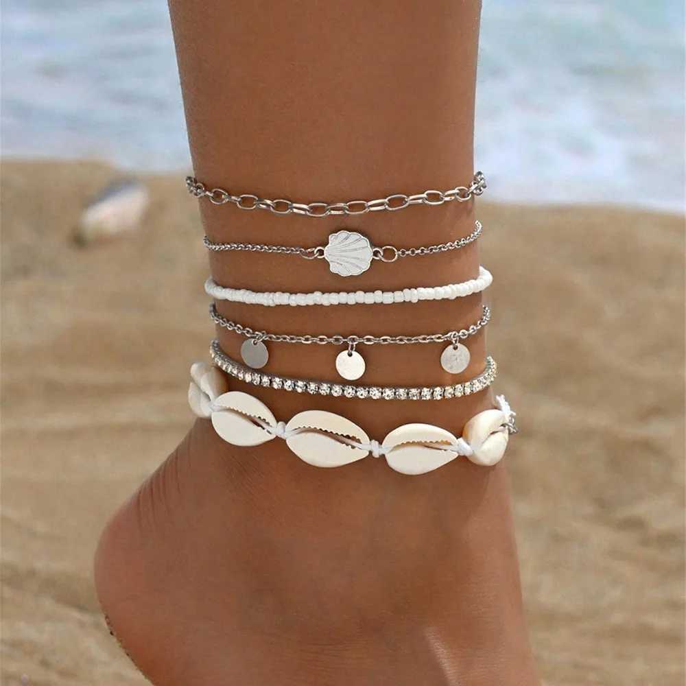 6Pcs / Set Boho Handmade Shell Seed Beads Anklet Set For Women Multilayer Broken Stones Summer Ocean Beach Foot Chains Jewelry W250604