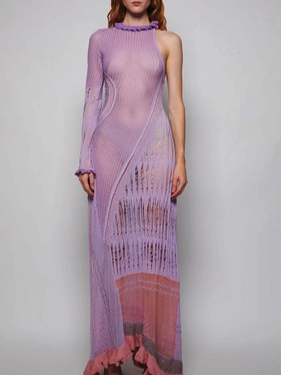 Women Sexy Y2k One Shoulder Long Sleeve Crochet Knit Long Dress Summer Beach See Through Party Grunge Club Cover Up Outfits 250604