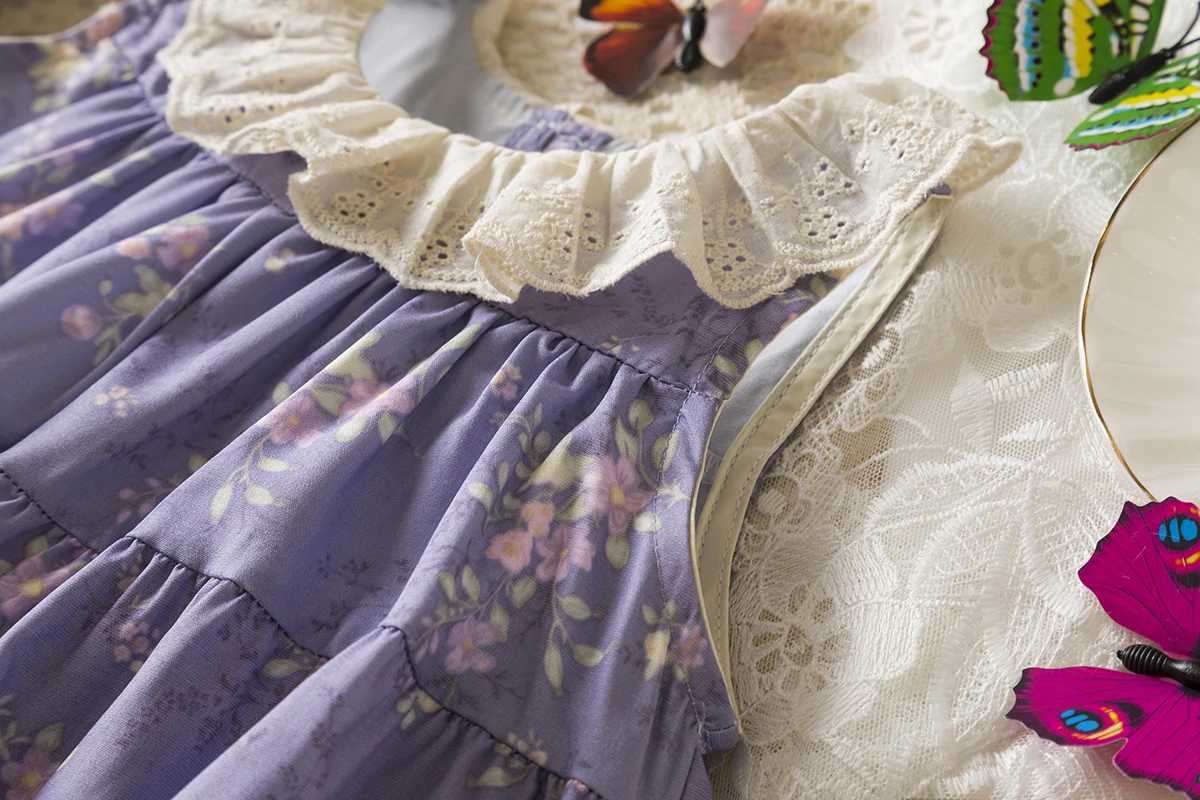 Baby Girl Korean Style Dress Lace Doll Collar Purple Floral Print Sleeveless Dress Summer Elegant Girl Party Dress R250530