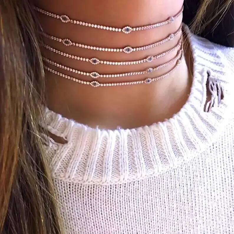 2025 SUMMER NEW Minimal Delicate Clear CZ Lucky Turkish Evil Eye Charm Choker Collarbone Women Girl Tennis Chain Necklace