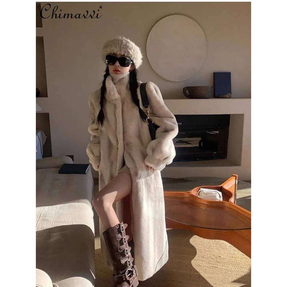 Fashion Fur Integrated Loose Cross Mink Coat Winter New High-end Lady Long-sleeved Warm Mid-length Fluffy Jacket