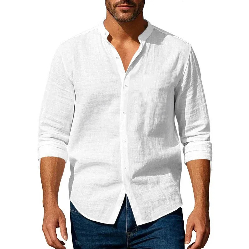 Cotton Linen Shirt for Men Henley Neck Solid Color Lightweight Breathable Slim Fit Single Breasted Shirt Long Sleeve Button Up 250604