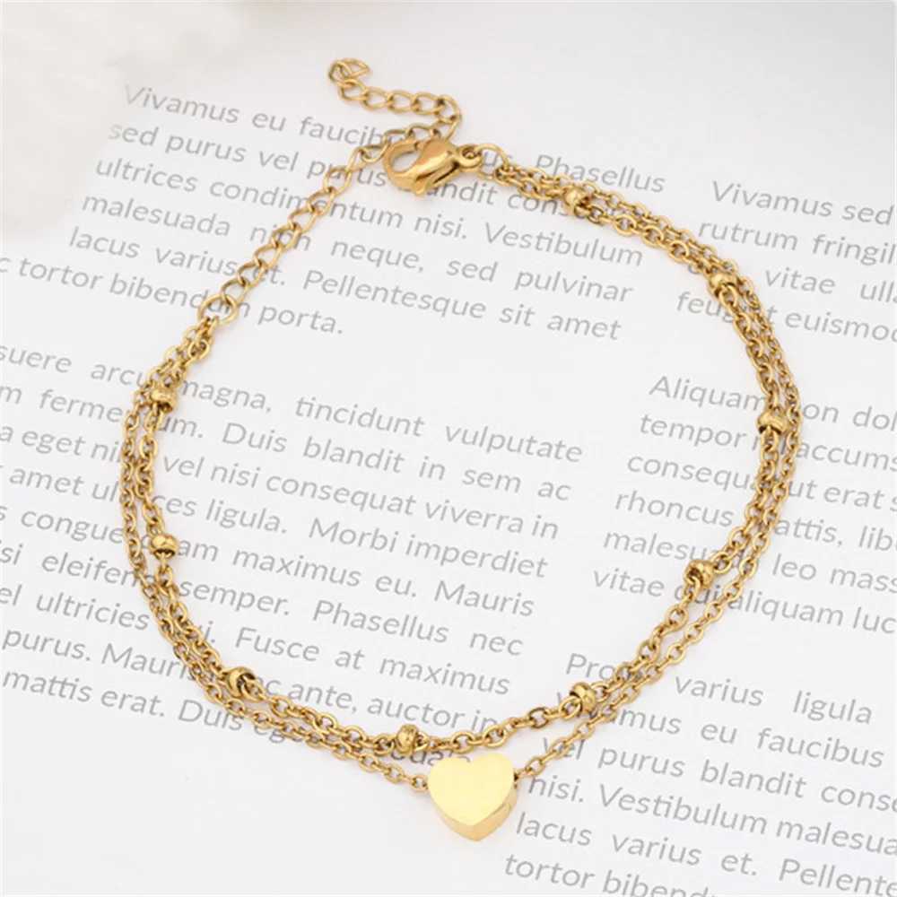 Double Layers Heart Charm Anklet For Women Gold Silver Color Stainless Steel Ankle Bracelet On the Leg Foot Beach Jewelry W250604