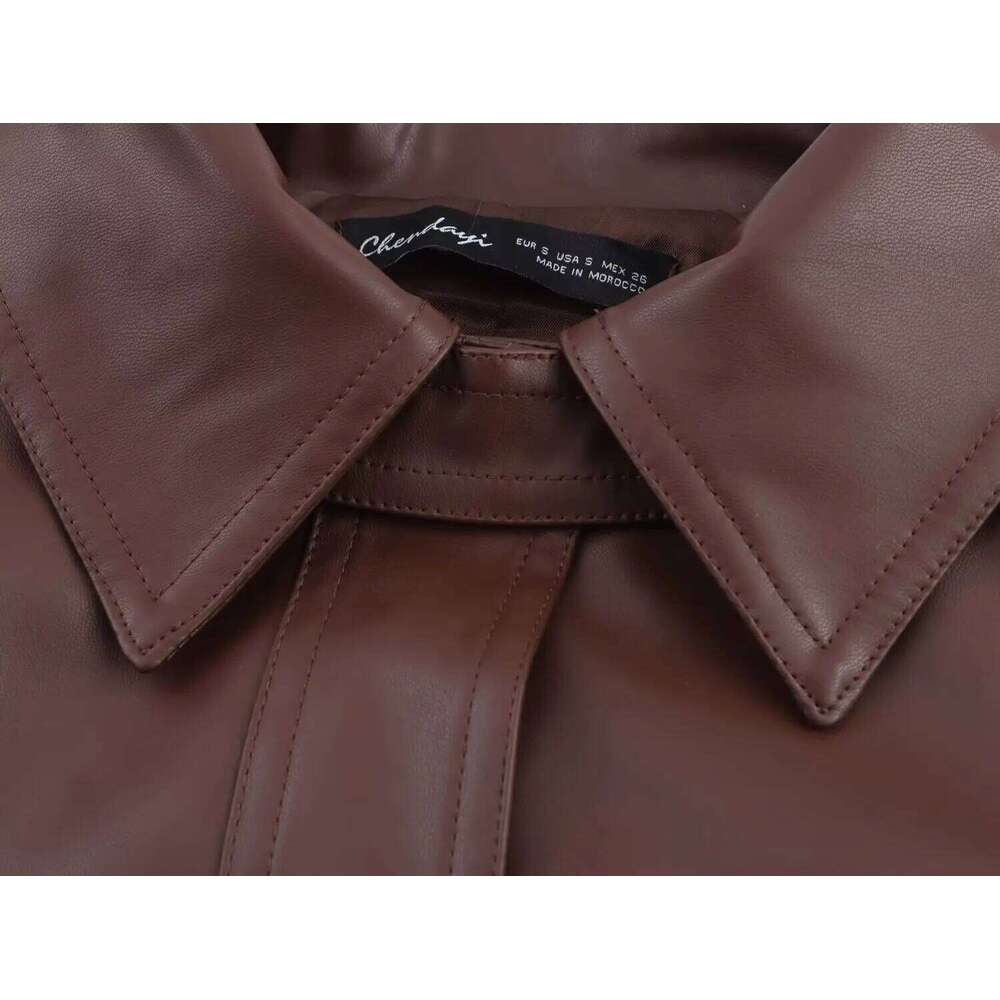TRAFZA Women Stylish Imitation Leather Short Trench Coat With Belt 2025 New Spring Fall Fashion Commuter High Street Jacket