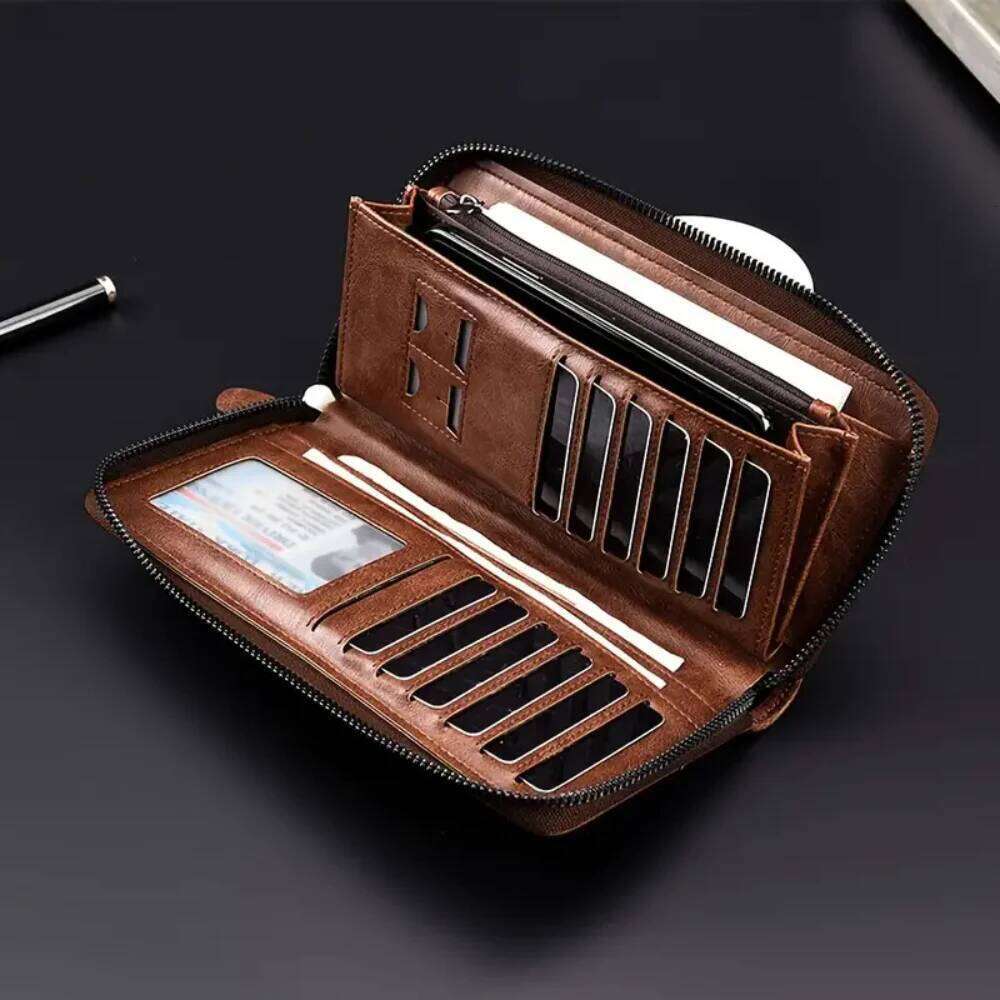 Long RFID Blocking Wallet Zipper Multi Holder Leather Credit Card Organizer Anti Theft Purse for Men
