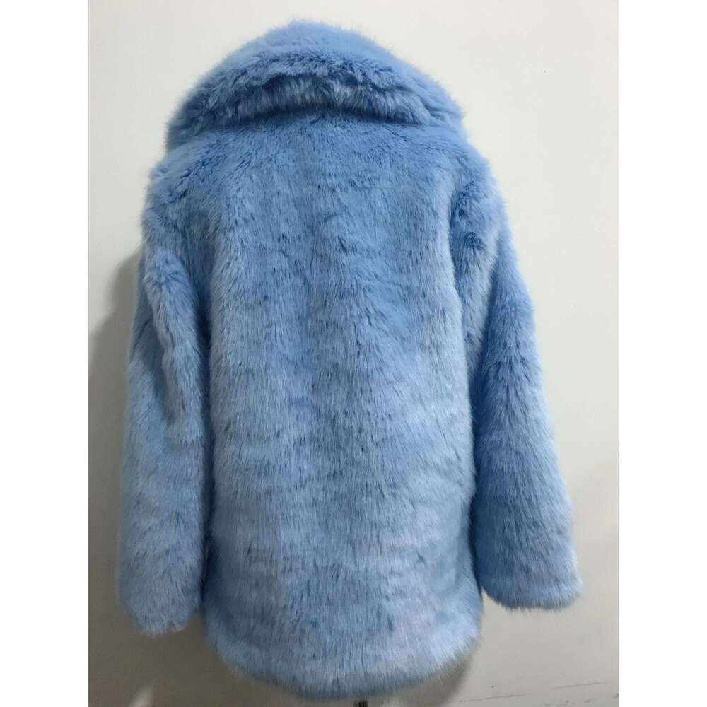 HIGH QUALITY Winter Lapel Hairy Shaggy Jacket Aqua blue Vintage sleeve Furry Faux Fur Coat Mid Long Outerwear