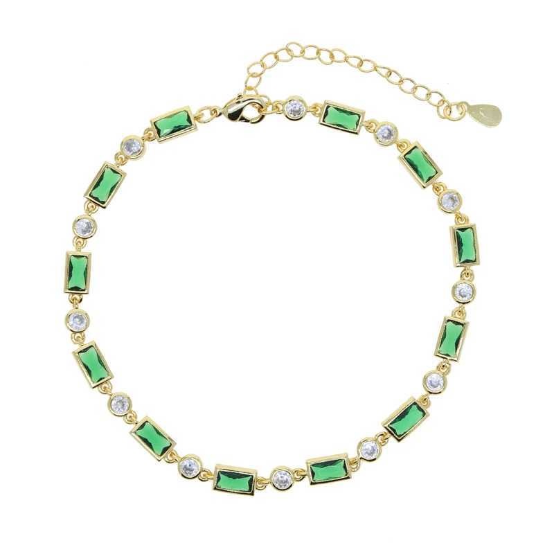 2022 New Gold Plated Green Rainbow rectangle Cubic Zirconia Charm Geometric CZ Tennis Chain Summer Beach Anklet For Women W250604